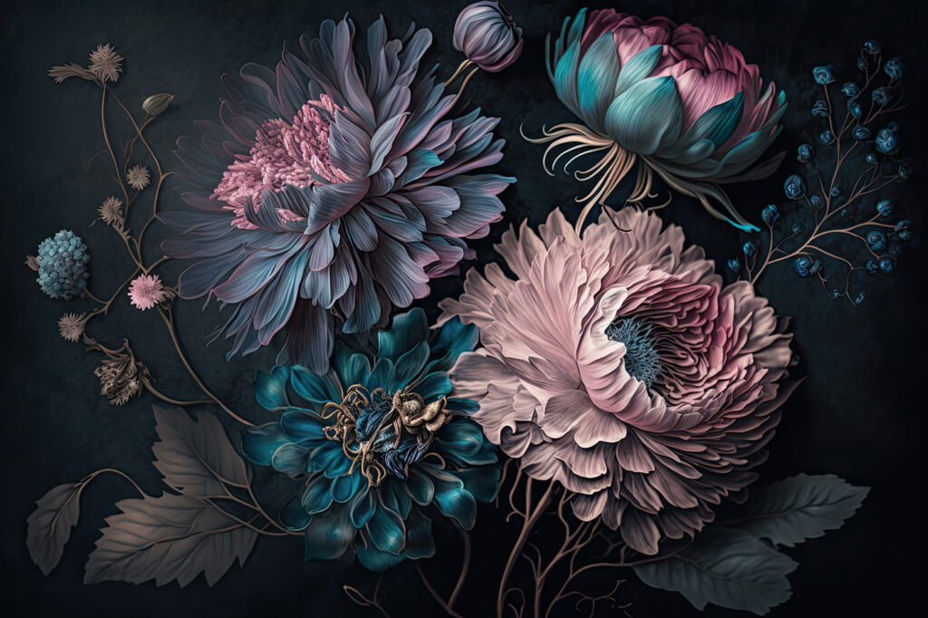 Floración rosa sobre azul — diseño completo