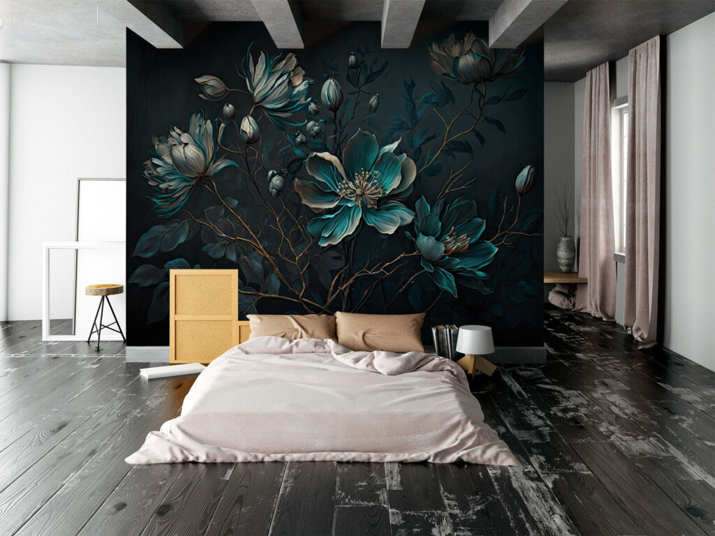 Flores turquesa en un interior