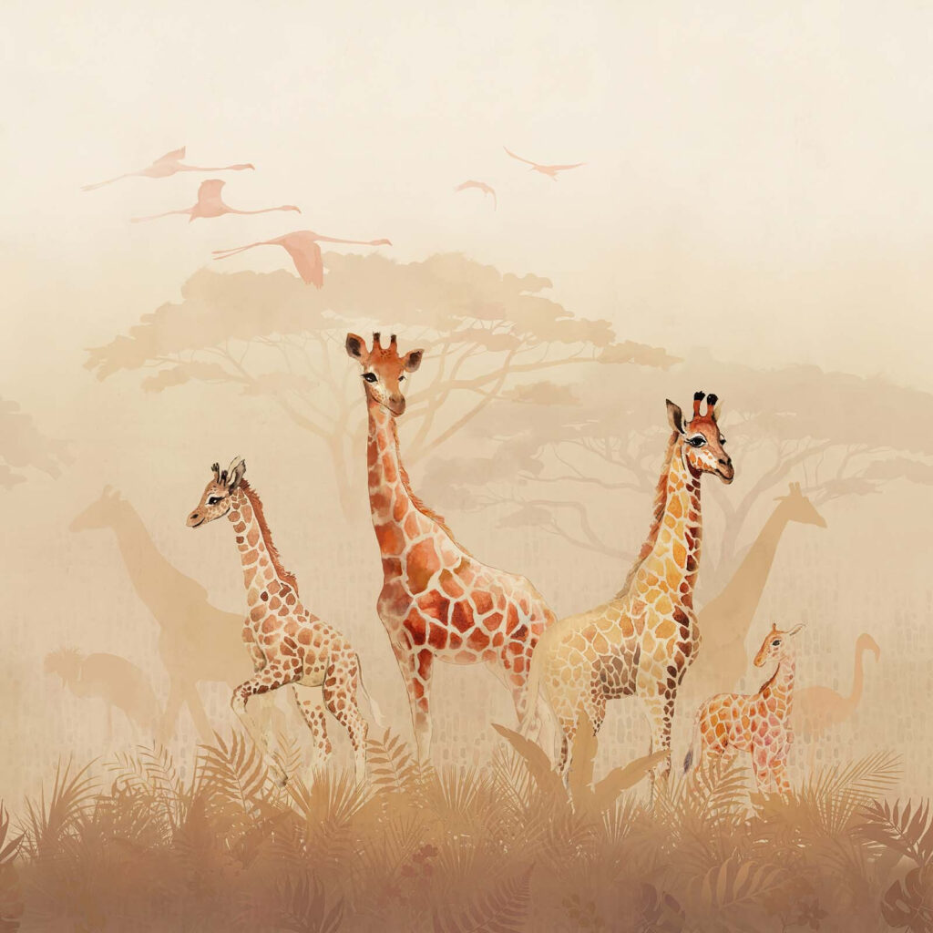Jirafas en niebla matinal — diseño completo