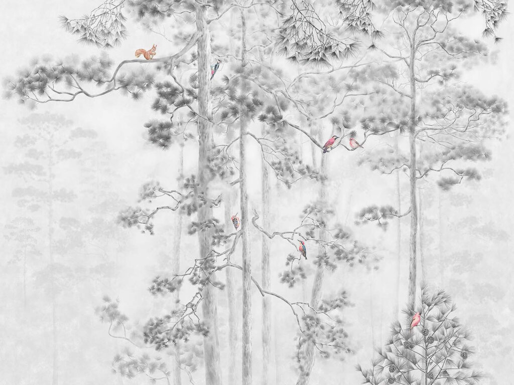 Aves entre pinos dibujados — diseño completo