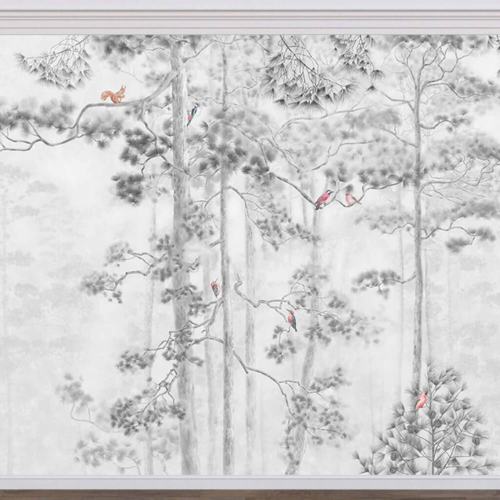 Aves entre pinos dibujados — interior 2