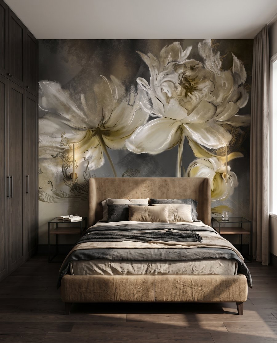 Flores blancas en pinceladas en un interior