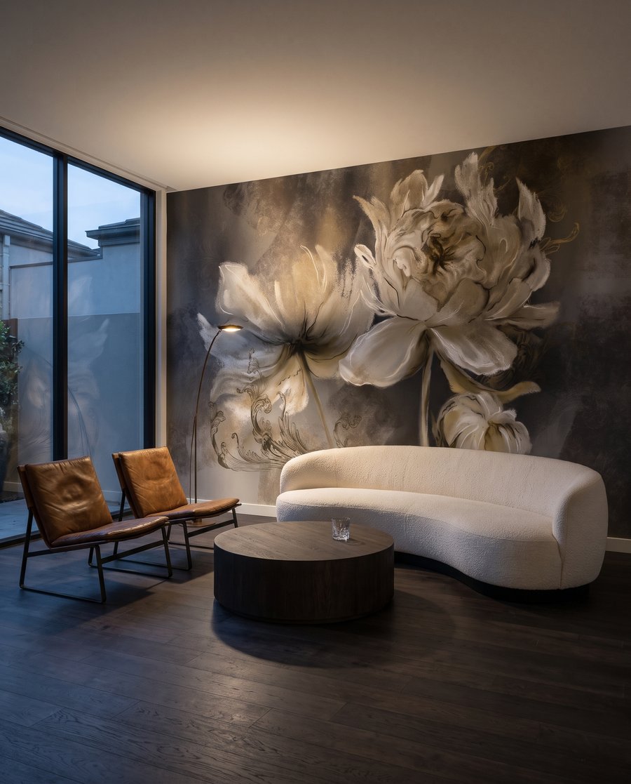 Flores blancas en pinceladas en un interior