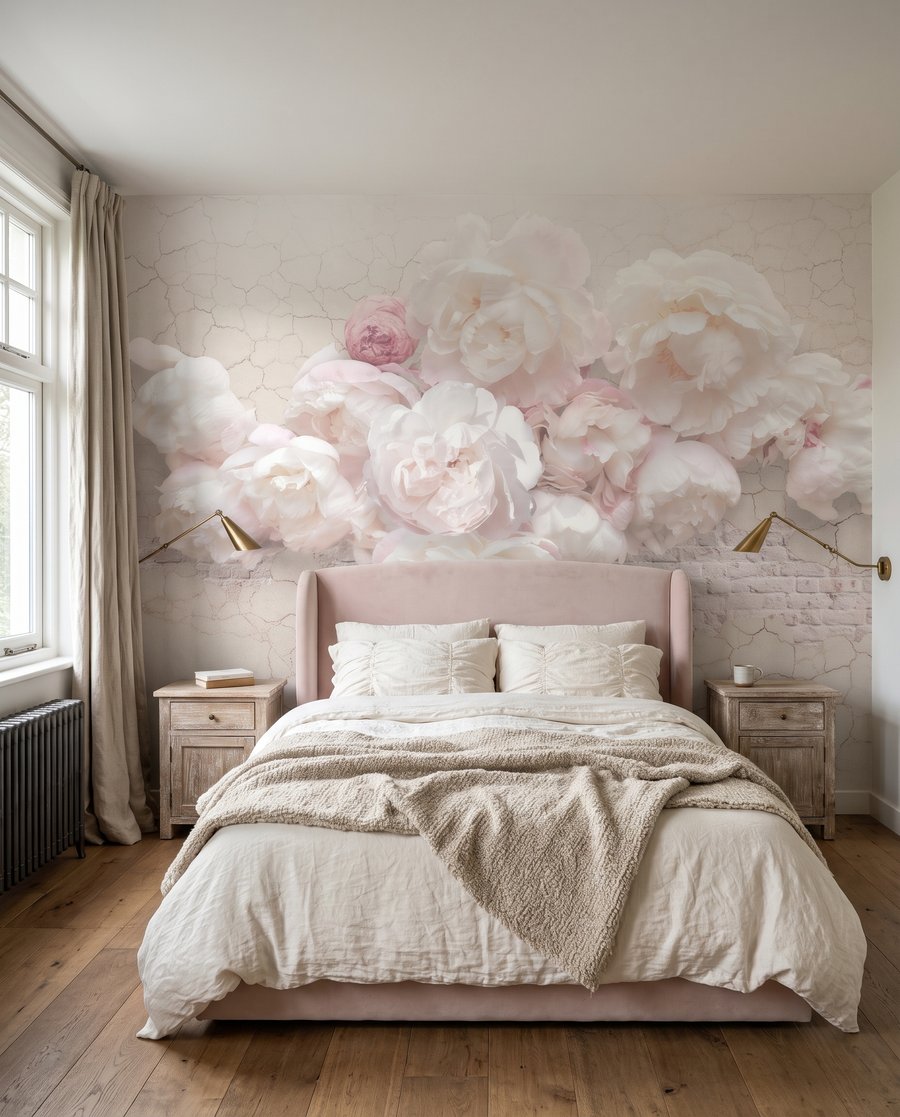 Rosas sobre blanco agrietado en un interior