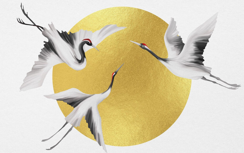 Grullas ante círculo dorado — diseño completo