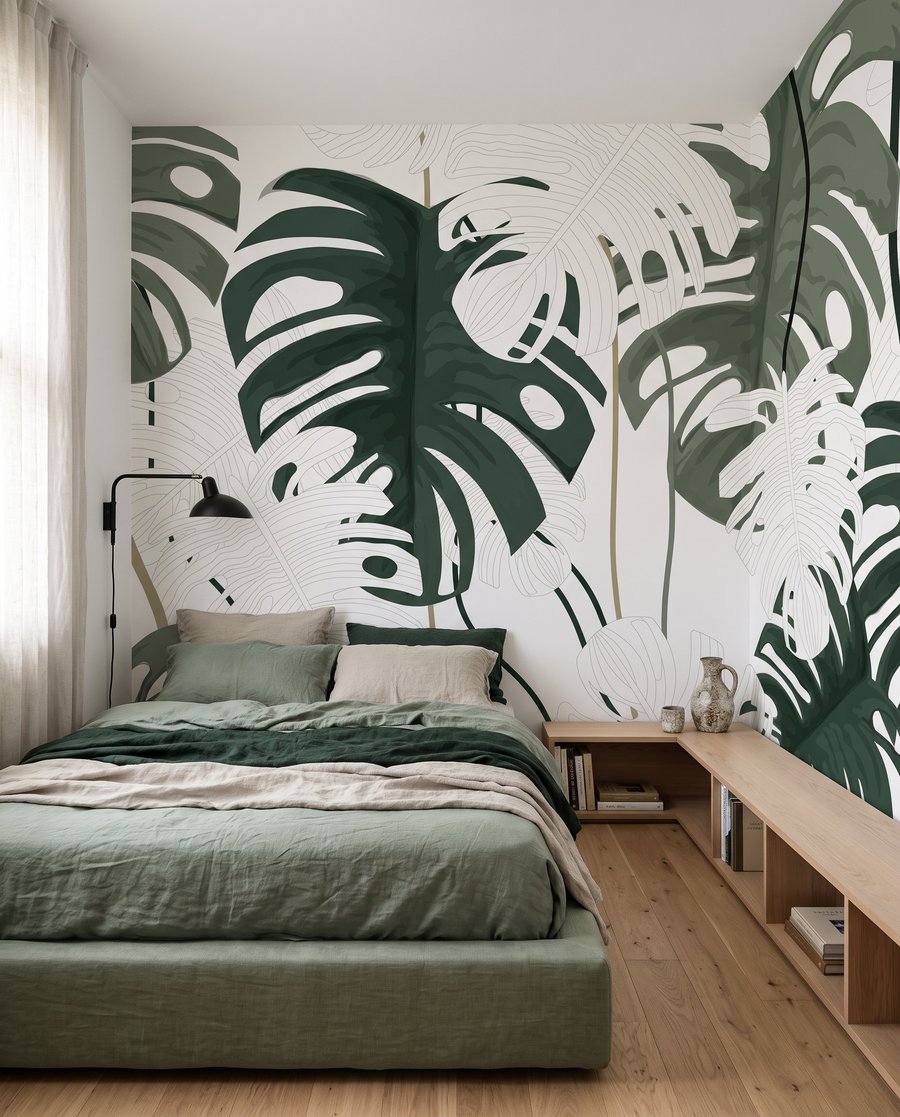Hojas verdes sobre blanco en un interior