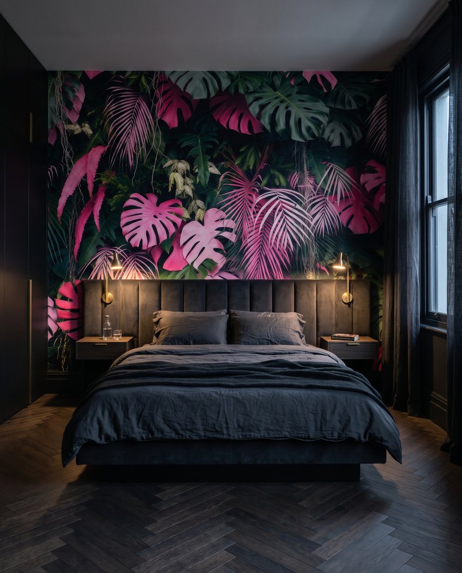 Hojas rosas en profundidad en un interior