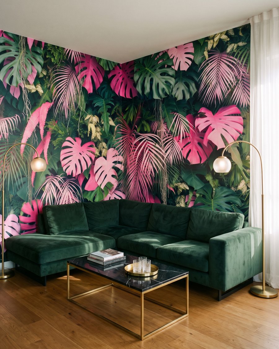 Hojas rosas en profundidad en un interior