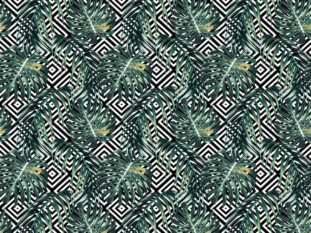 Hojas tropicales sobre rombos — diseño completo