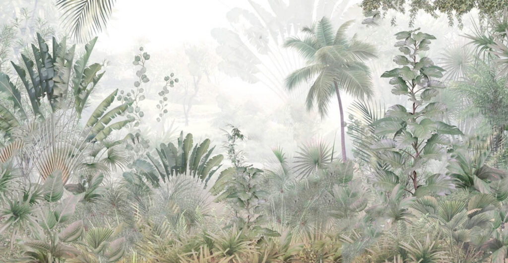 Palmeras en niebla clara — diseño completo
