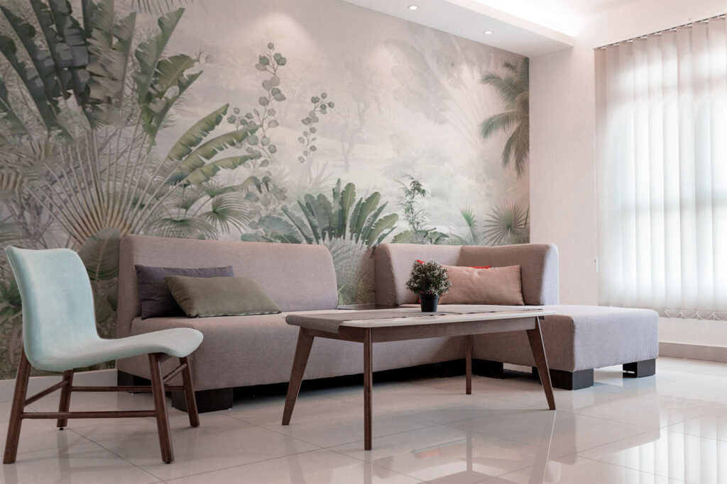 Palmeras en niebla clara en un interior