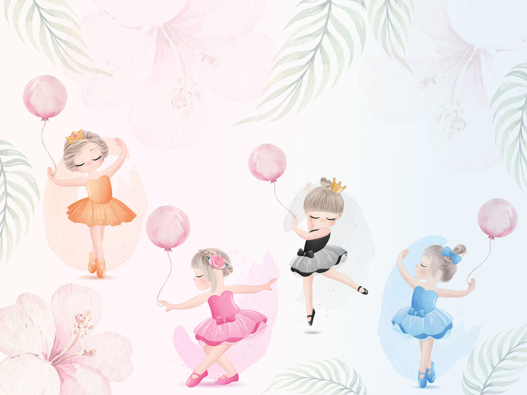 Bailarinas con globos rosas — diseño completo