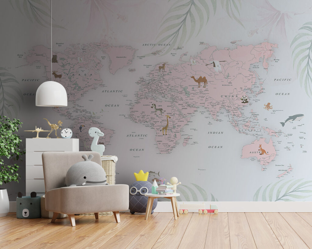 Mapa del mundo rosa en un interior