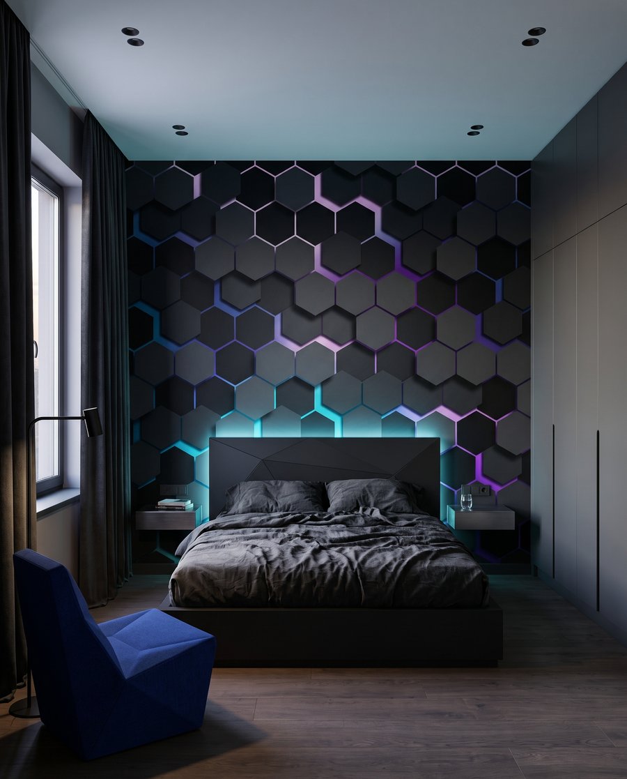 Hexágonos oscuros con luz en un interior