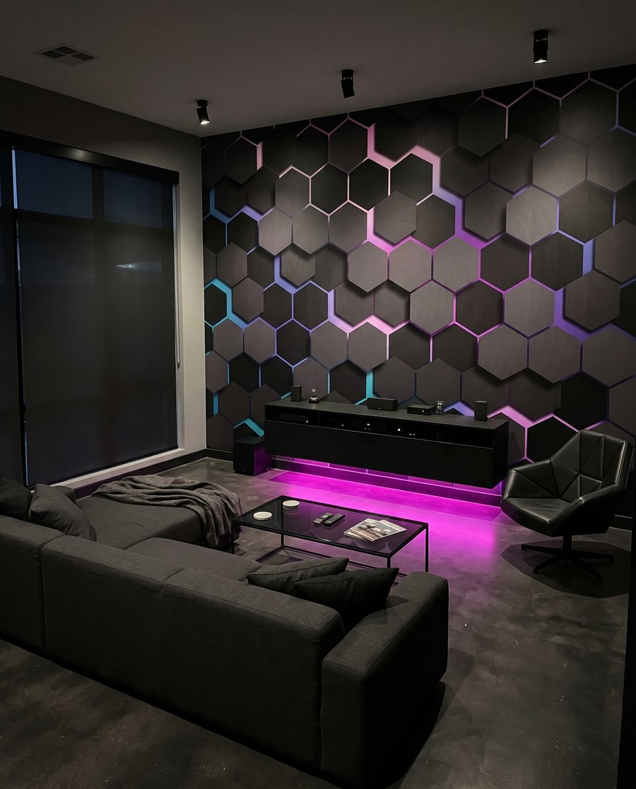 Hexágonos oscuros con luz en un interior