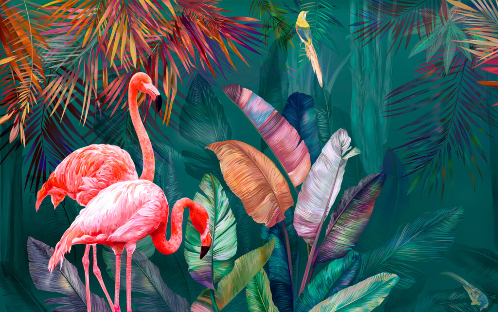 Flamencos en follaje vivo — diseño completo