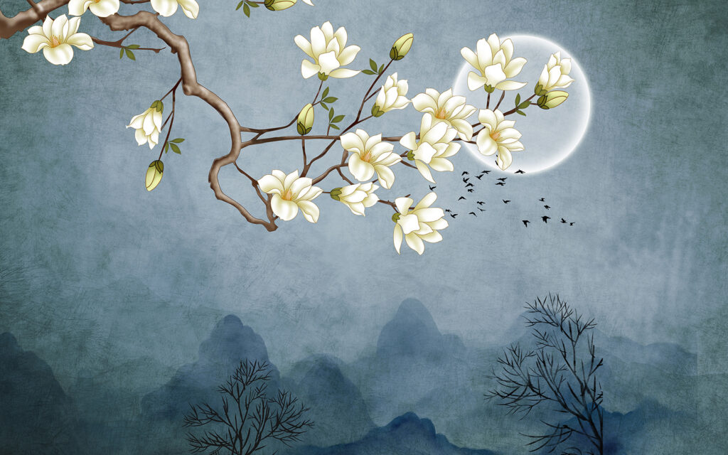 Flores blancas y luna — diseño completo