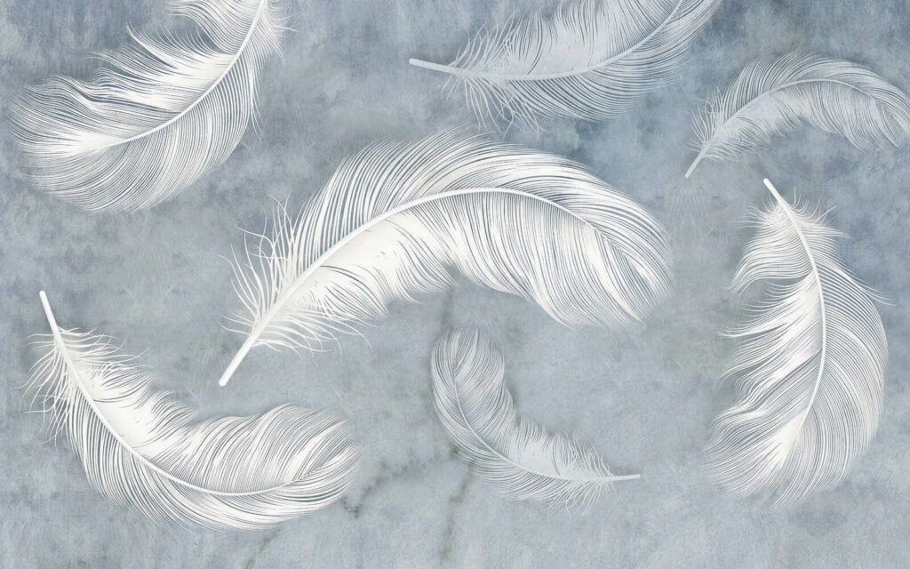 Plumas blancas en niebla — diseño completo