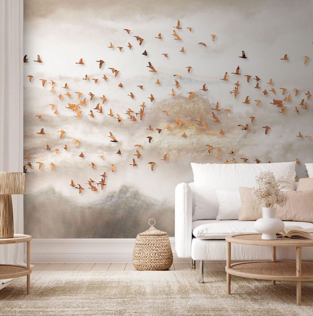 Bandada dorada en niebla — interior 1