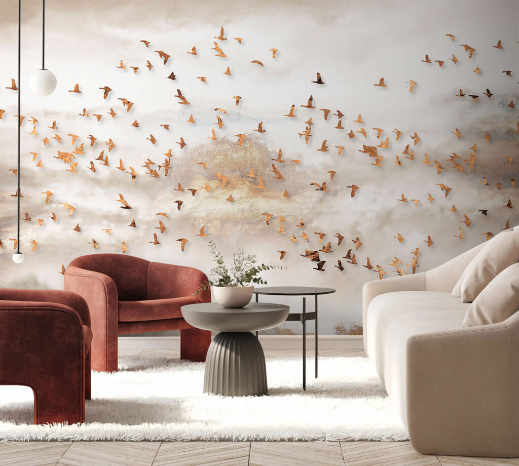 Bandada dorada en niebla — interior 3