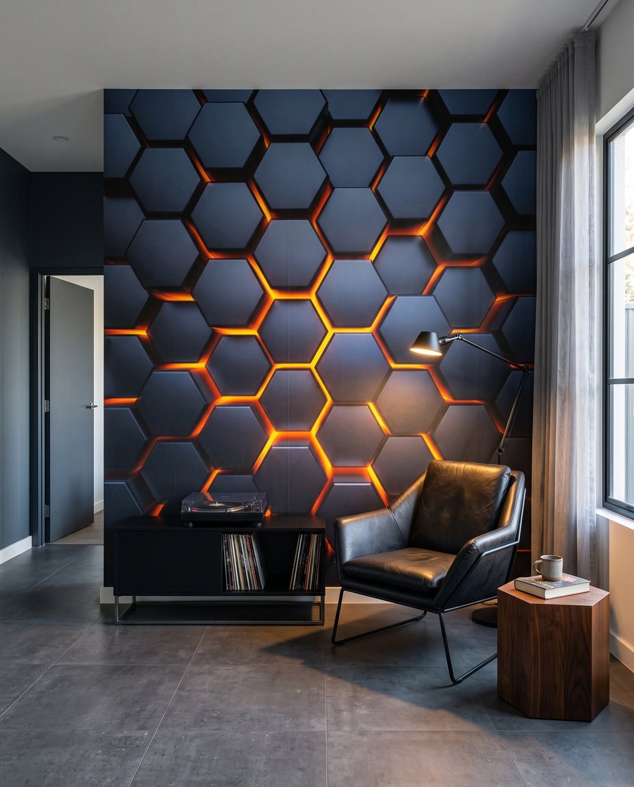 Brillo entre hexágonos azules en un interior