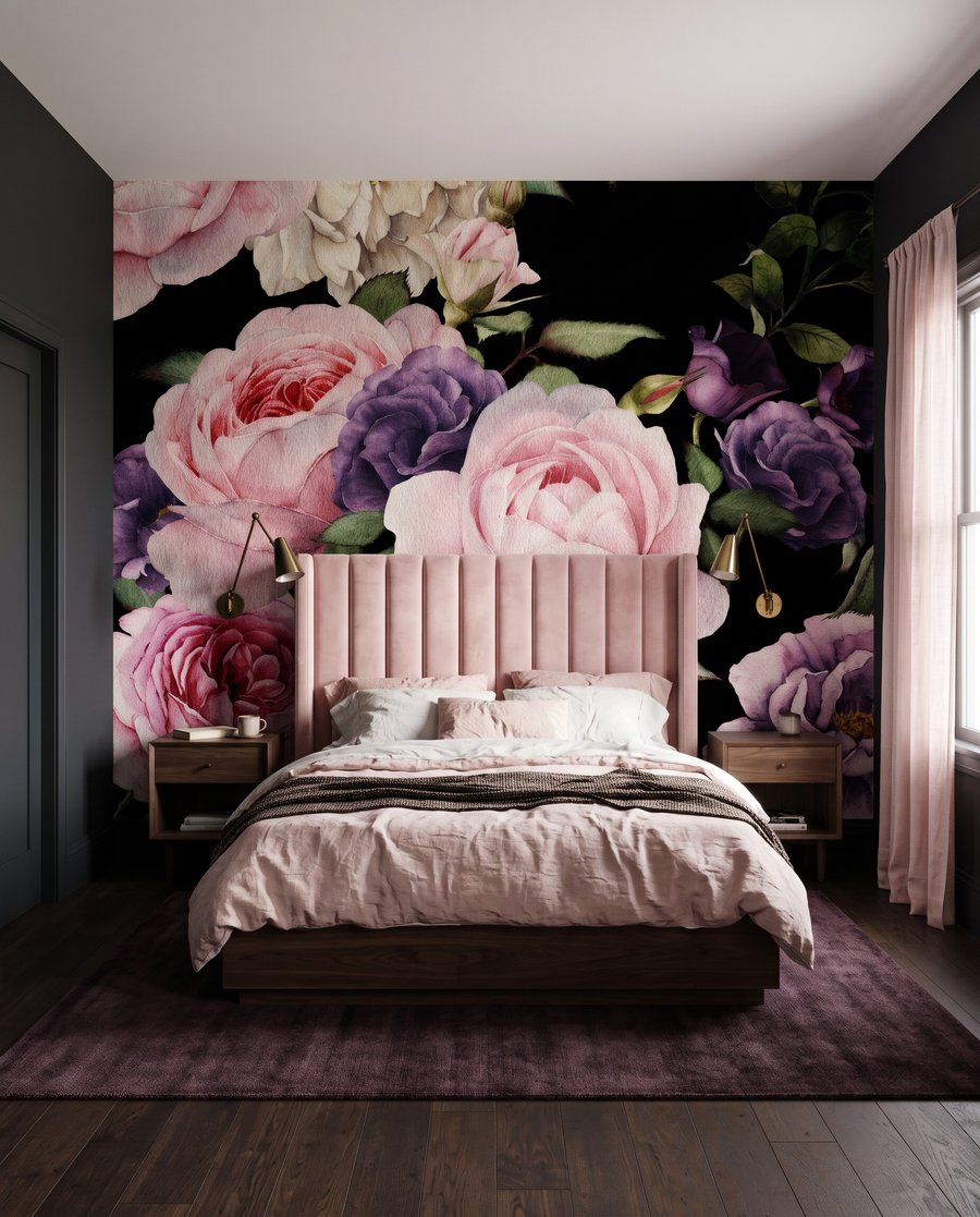 Rosas sobre negro en un interior