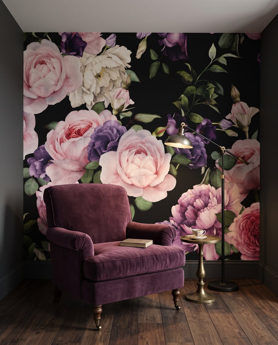 Rosas sobre negro en un interior