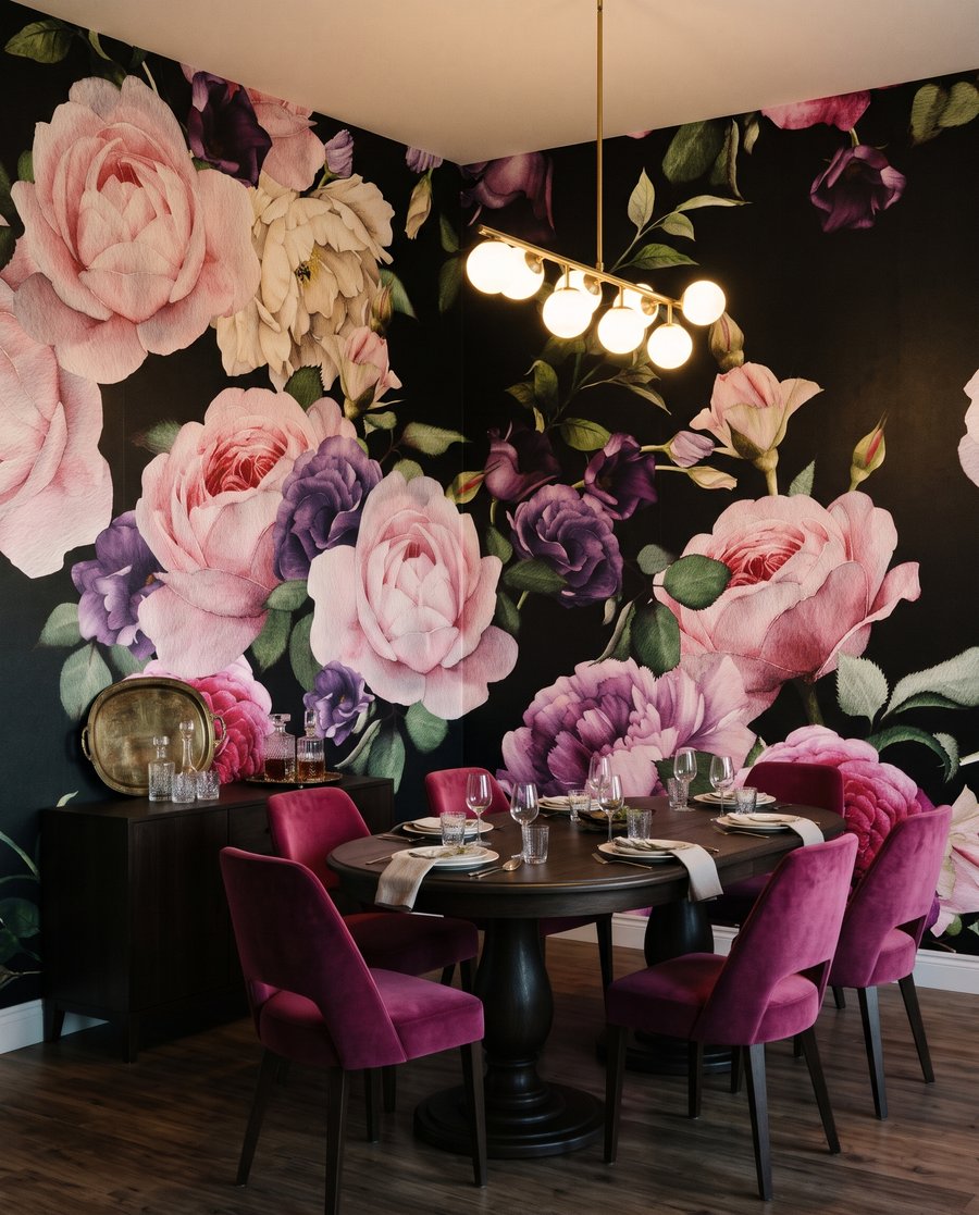 Rosas sobre negro en un interior