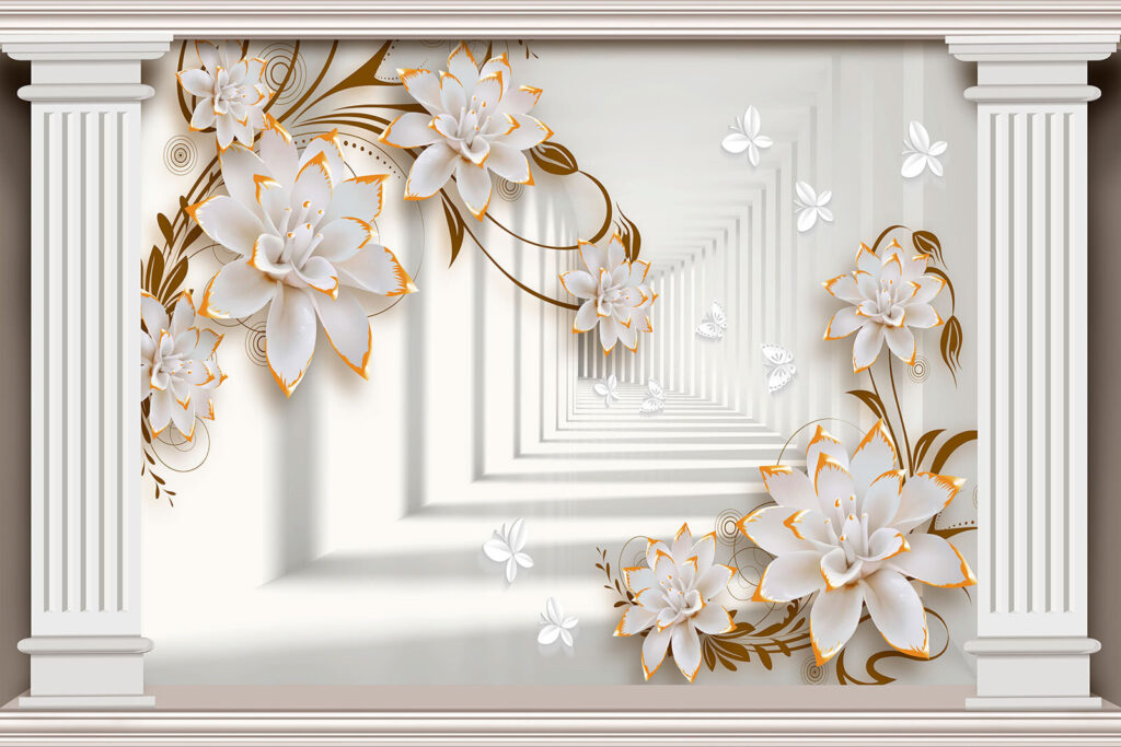Flores blancas entre columnas — diseño completo