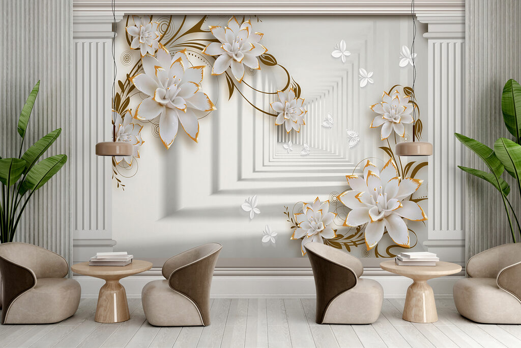 Flores blancas entre columnas — interior 4