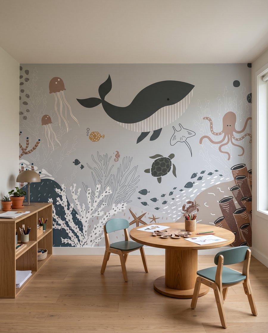 Ballena en jardín marino en un interior