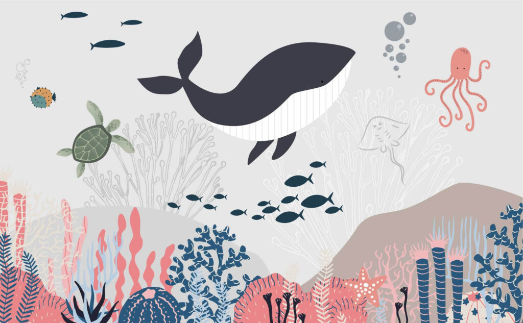 Ballena sobre corales — diseño completo