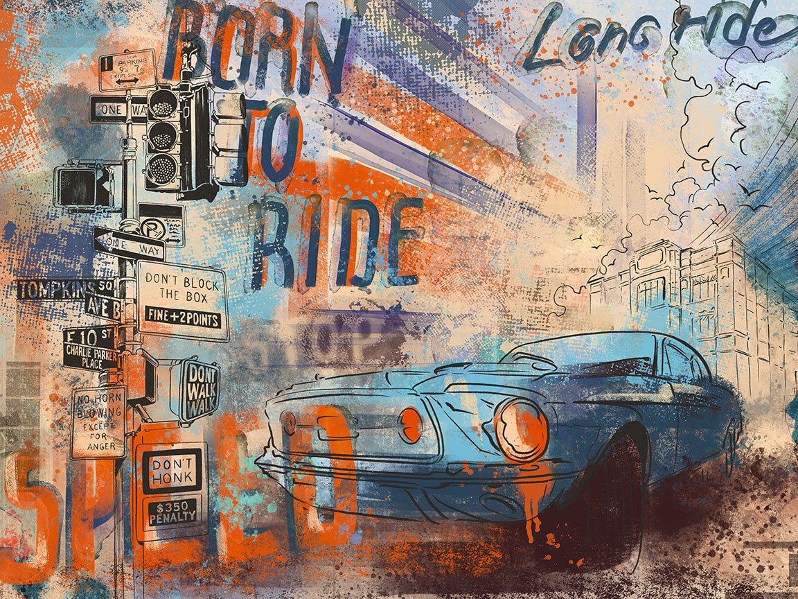 Coche clásico en collage — diseño completo