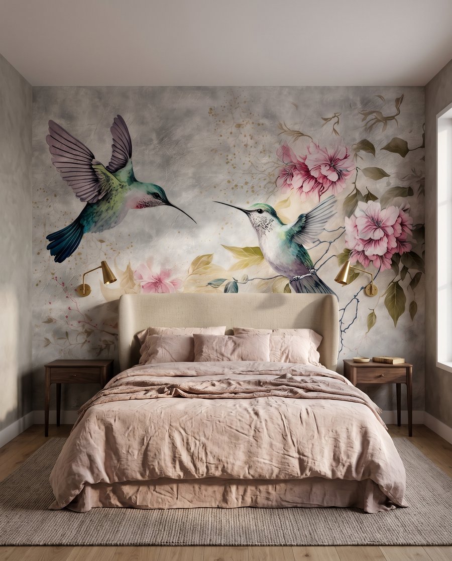 Colibríes junto a flores en un interior