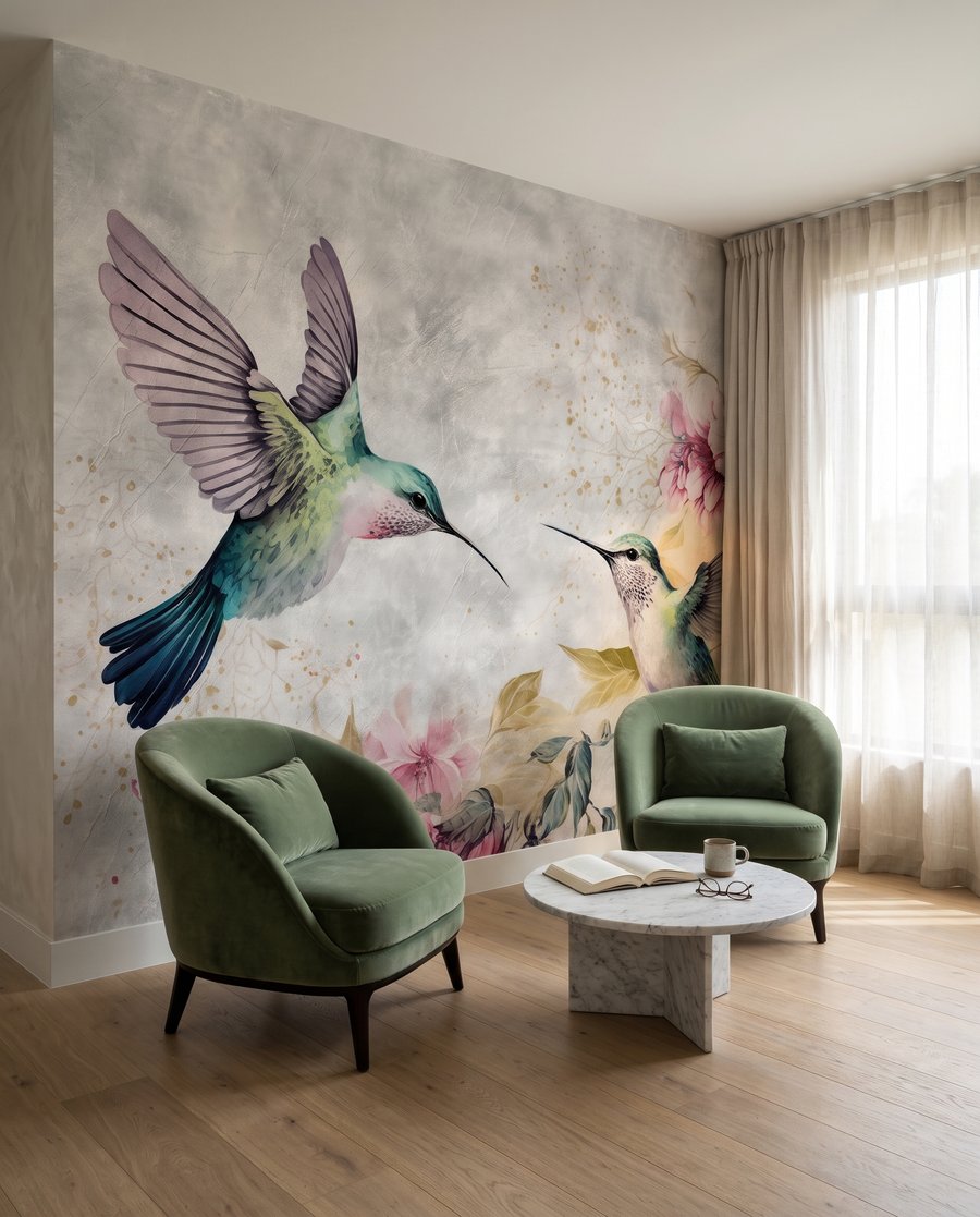 Colibríes junto a flores en un interior