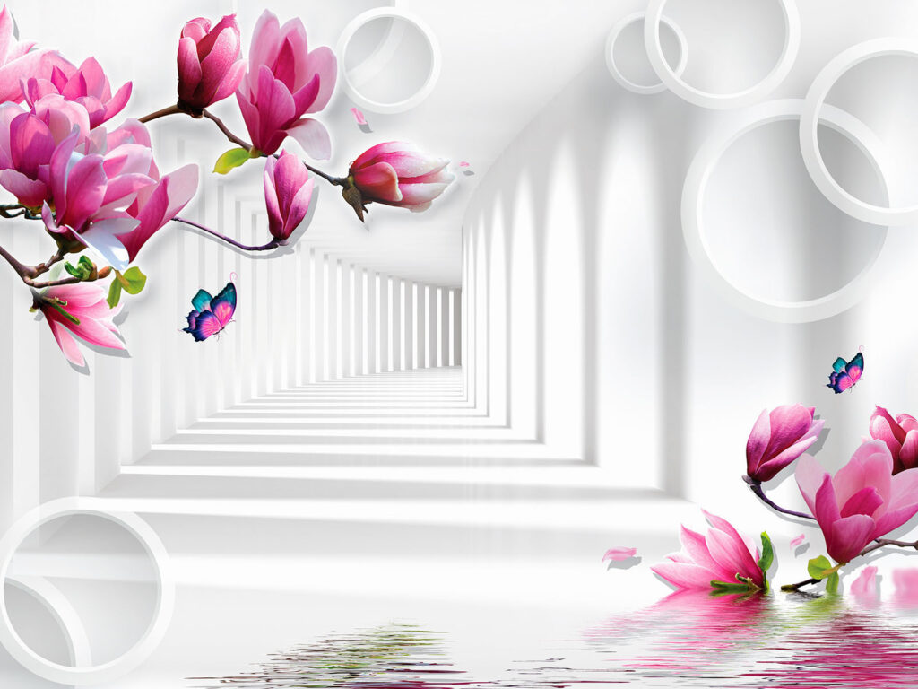 Magnolias entre vanos blancos — diseño completo