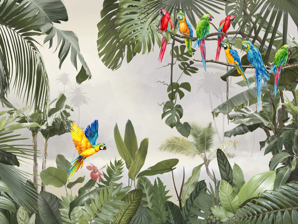 Guacamayos en la selva — diseño completo