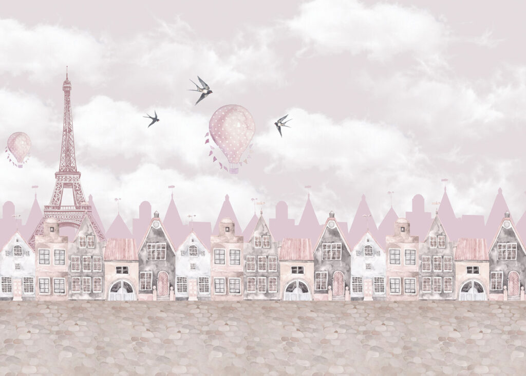 Casitas rosas bajo nubes — diseño completo
