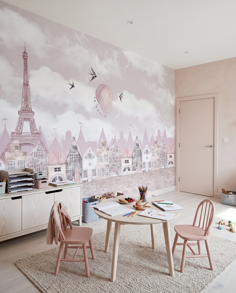 Casitas rosas bajo nubes en un interior