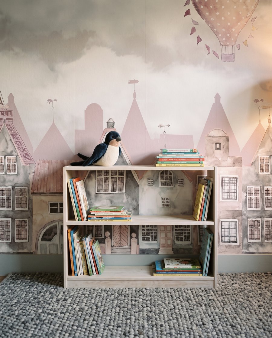 Casitas rosas bajo nubes — detalle