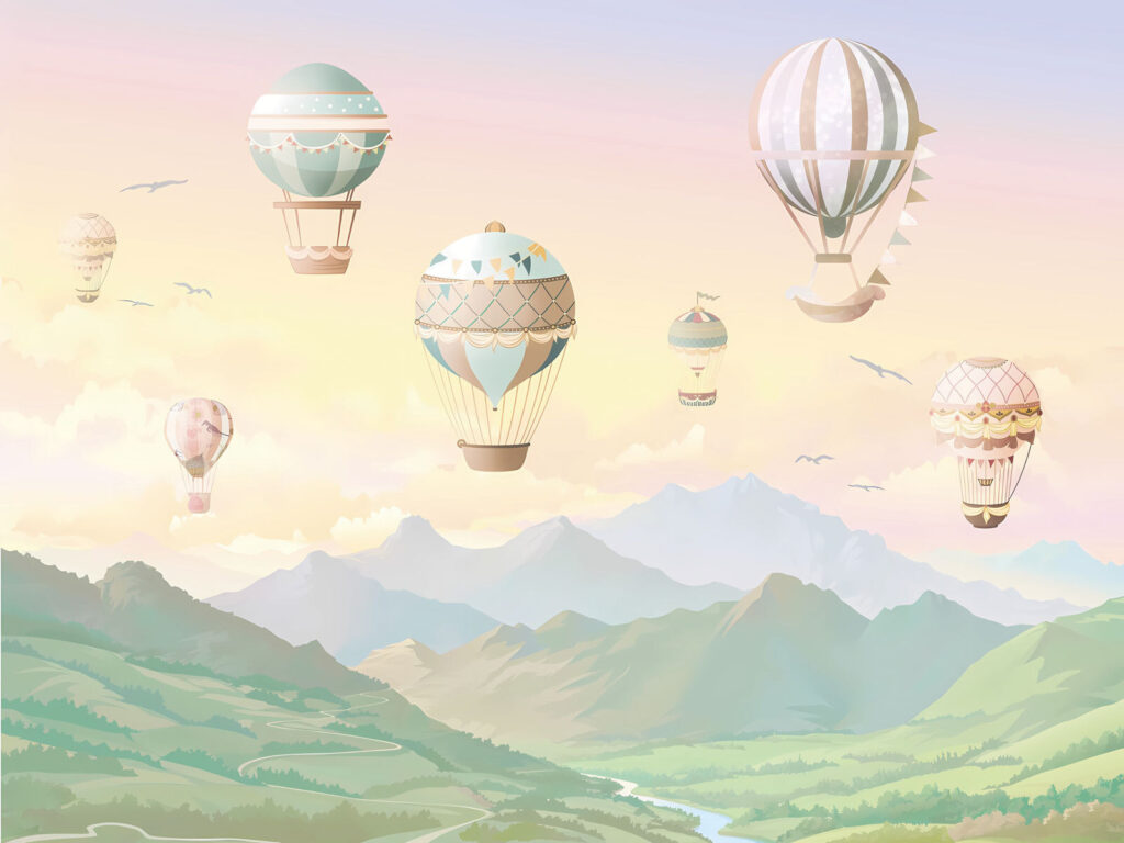 Globos sobre colinas suaves — diseño completo
