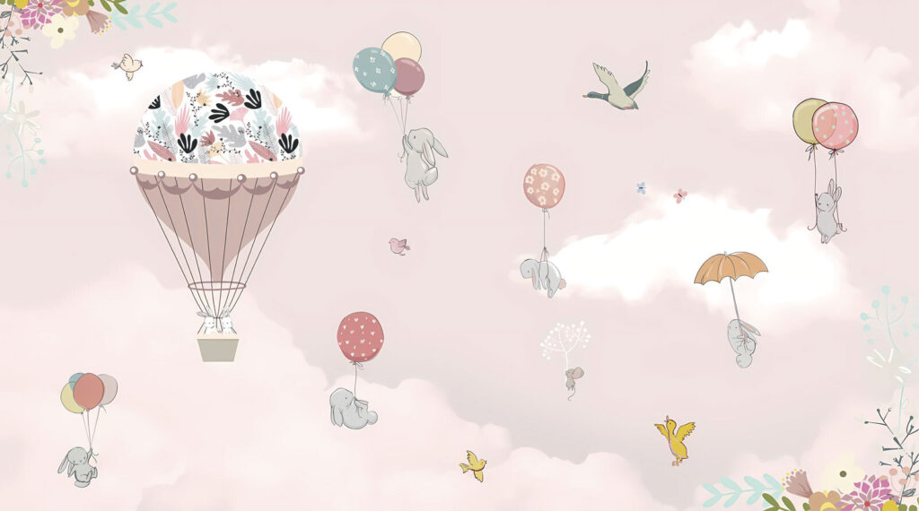 Animales en cielo rosa — diseño completo