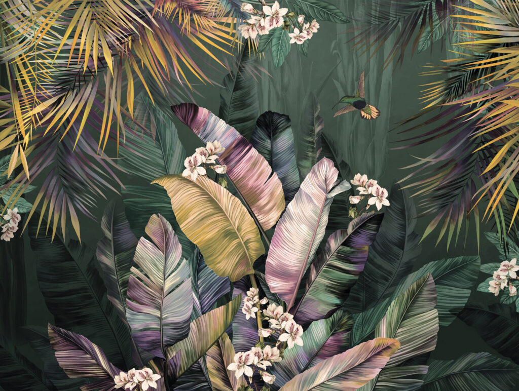 Hojas tropicales con flores — diseño completo
