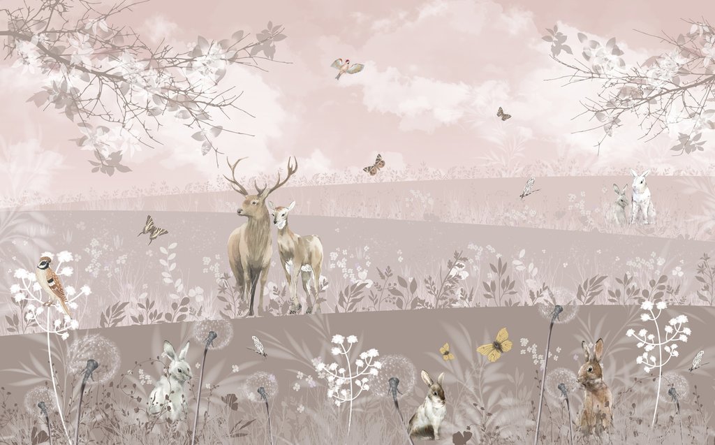 Animales en prado rosa — diseño completo