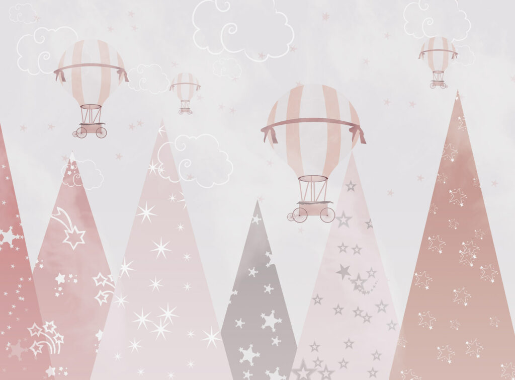 Globos entre montañas rosas — diseño completo