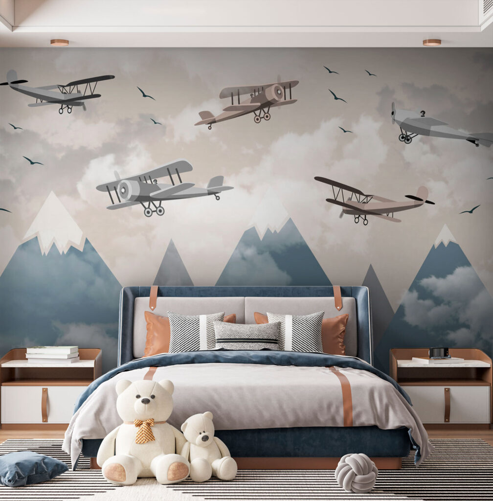 Aviones sobre cumbres nevadas en un interior