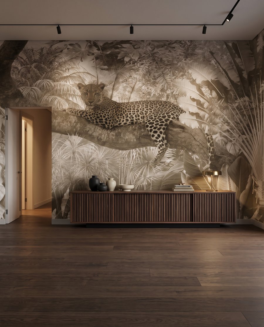 Leopardo caminando en beige en un interior