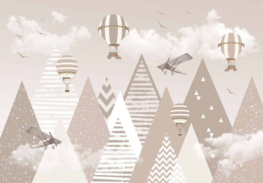 Globos sobre montañas rayadas — diseño completo