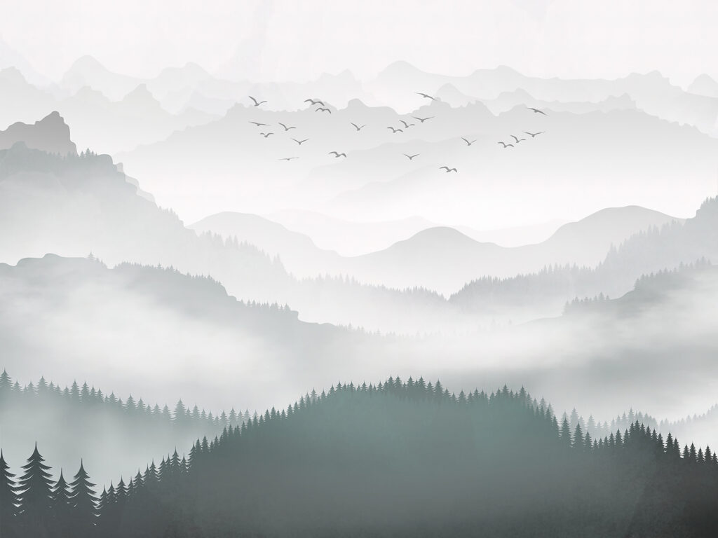 Pájaros sobre bosque brumoso — diseño completo