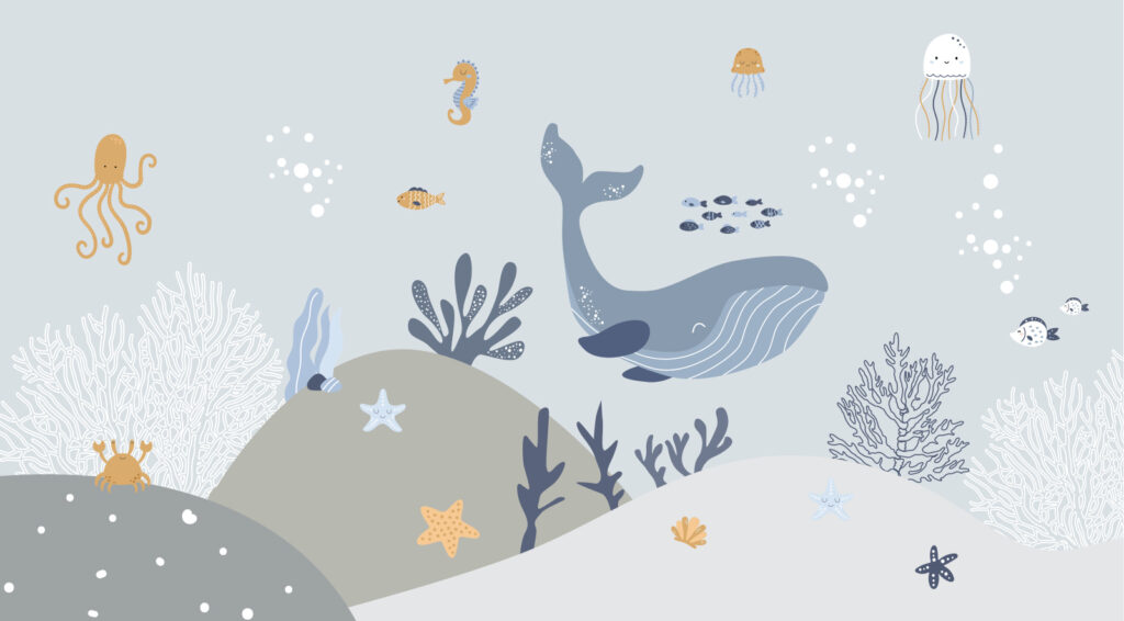 Ballena entre criaturas marinas — diseño completo